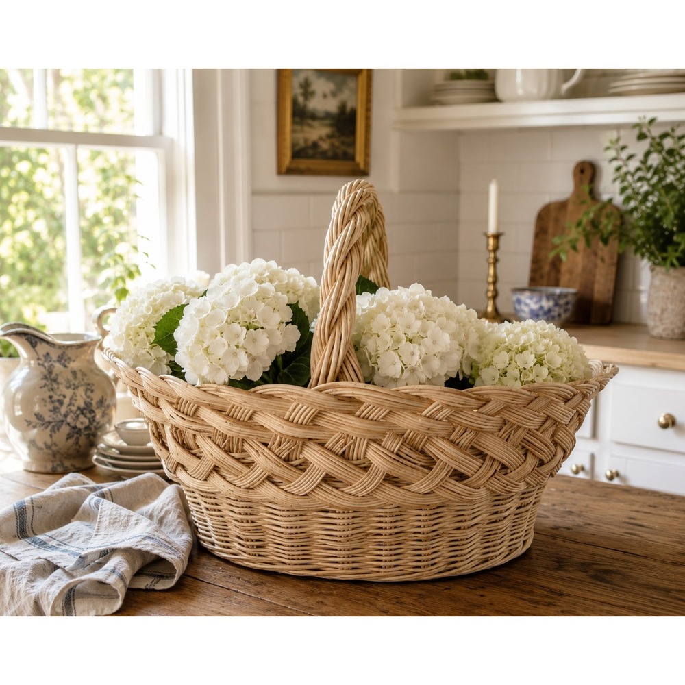 Vintage Wicker Gathering Basket English Cottage Kitchen Storage Decor Natural
